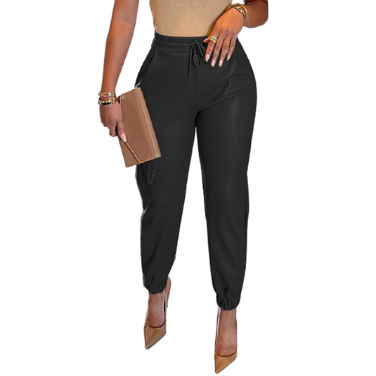 2022 Spring And Summer European And American Amazon New Solid Color Drawstring Pocket PU Leather Casual Fashion Leggings Leather Trousers Women