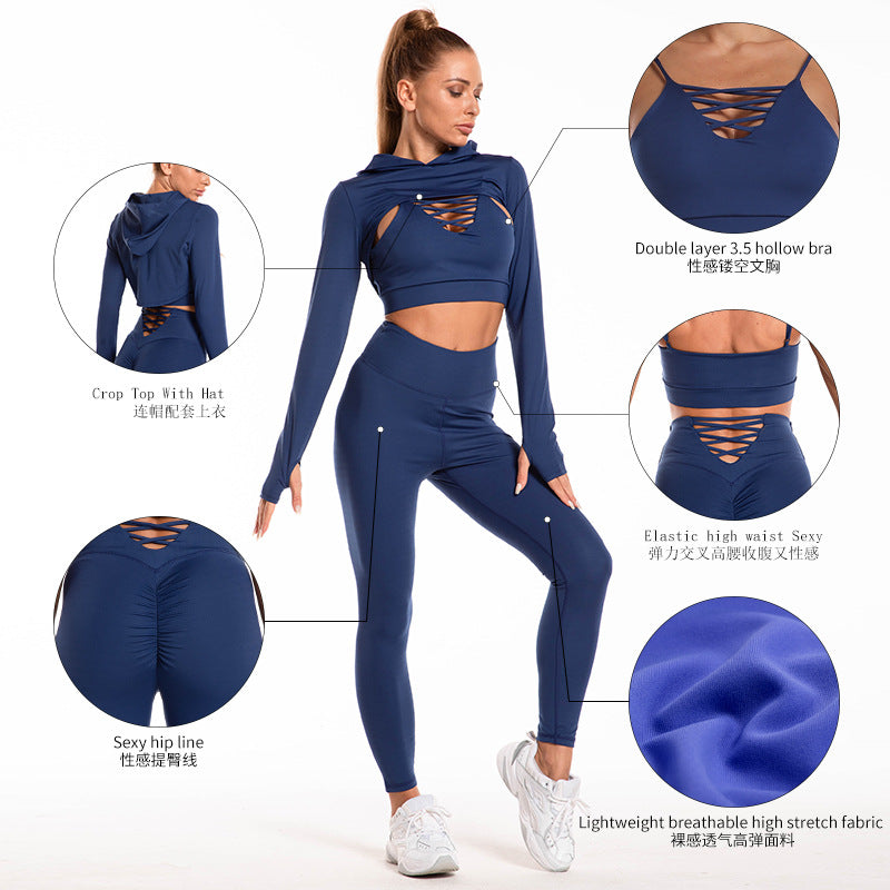 Load image into Gallery viewer, 3pcs Sports Suits Long Sleeve Hooded Top Hollow Design Camisole And Butt Lifting High Waist Seamless Fitness Leggings Sports Gym Outfits Clothing
